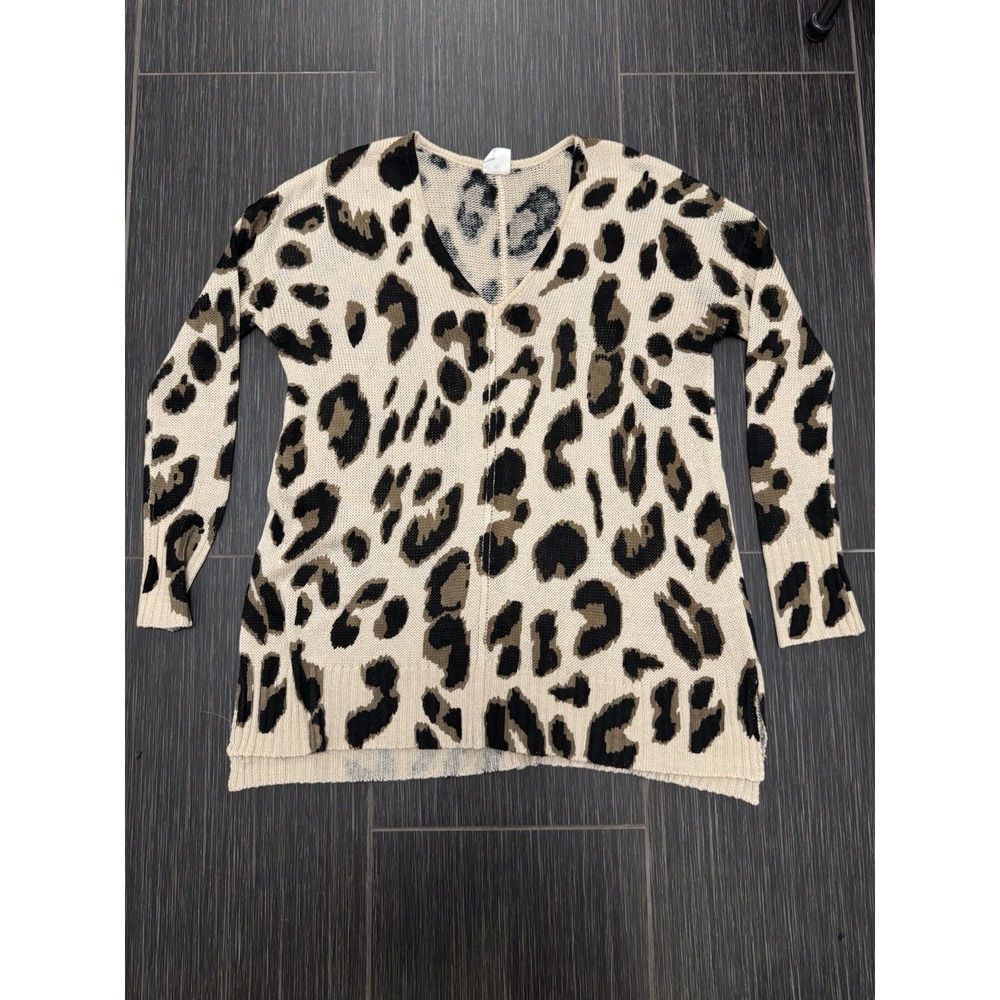 By Together Leopard Print V-Neck Tunic Sweater Tan Black Small L3016